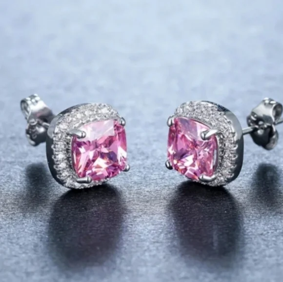 Halo Cushion Cut CZ Elegant Pink and Silver Stud Earrings - Picture 3 of 5